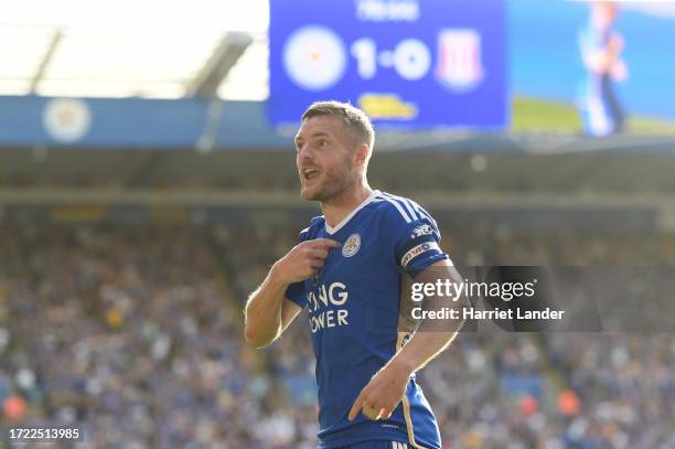 Jamie Vardy of Leicester City celebrates after scoring his team's second goal during the Sky Bet Championship match between Leicester City and Stoke...