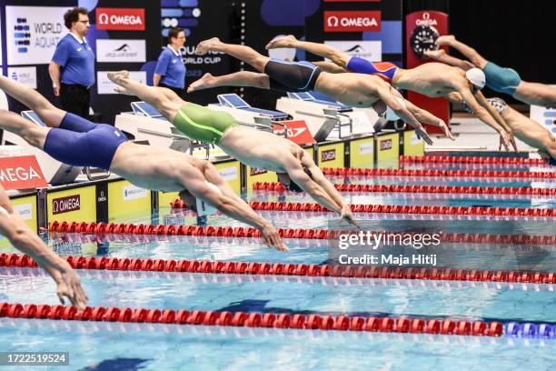 Athletes compete during Men's 50m Breaststroke heats during the World Aquatics Swimming World Cup 2023 - Meet 1 on October 07, 2023 in Berlin,...