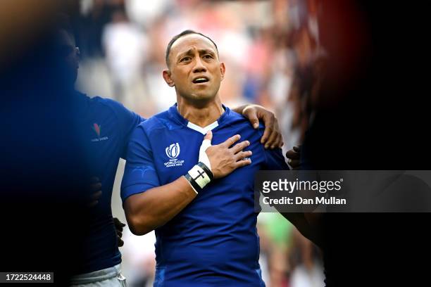 Christian Leali'ifano of Samoa lines up during the National Anthems prior to the Rugby World Cup France 2023 match between England and Samoa at Stade...