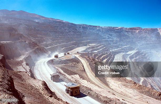 ore trucks in an open-pit mine - mining natural resources stock pictures, royalty-free photos & images