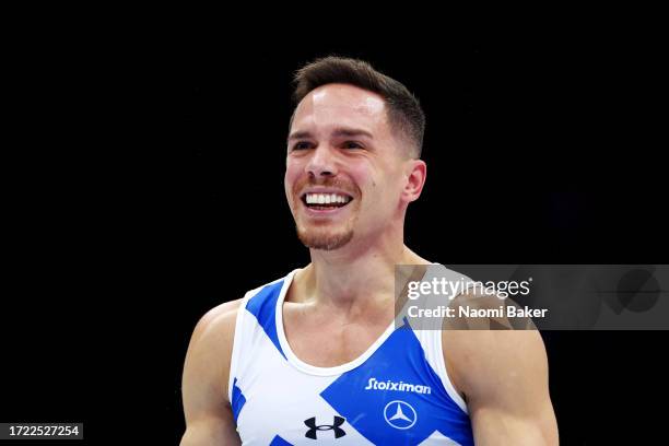 Eleftherios Petrounias of Team Greece celebrates after his routine in the Men's Rings Final on Day Eight of the 2023 Artistic Gymnastics World...
