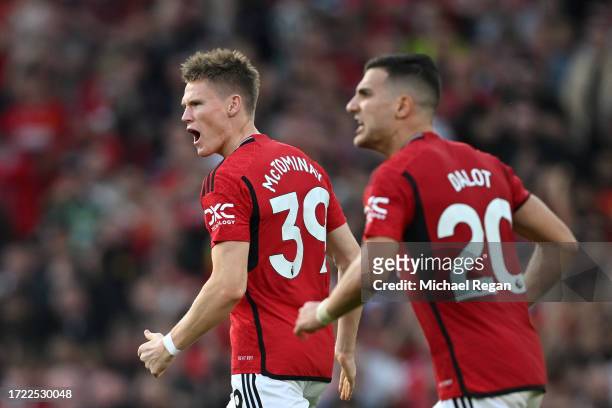 Scott McTominay of Manchester United celebrates after scoring their sides first goal during the Premier League match between Manchester United and...
