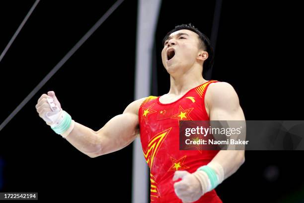 Yang Liu of People's Republic of China celebrates after his routine in the Men's Rings Final on Day Eight of the 2023 Artistic Gymnastics World...