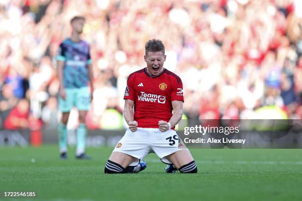 Scott McTominay of Manchester United celebrates following their sides victory after the Premier League match between Manchester United and Brentford...