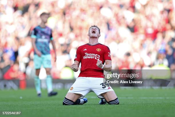 Scott McTominay of Manchester United celebrates following their sides victory after the Premier League match between Manchester United and Brentford...