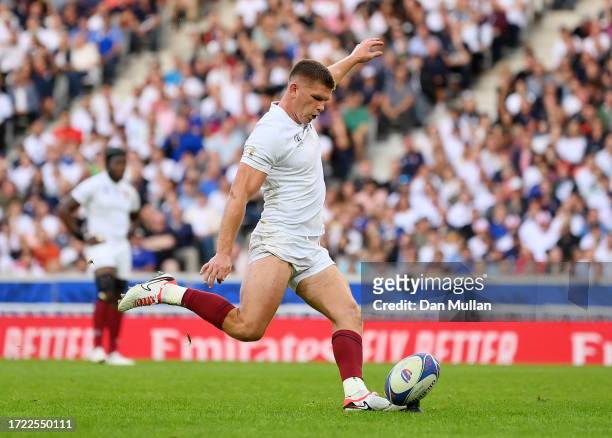 Owen Farrell of England kicks a conversion to become the all-time leading points scorer for England during the Rugby World Cup France 2023 match...