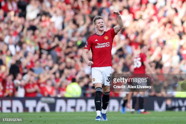 Scott McTominay of Manchester United celebrates following their sides victory after the Premier League match between Manchester United and Brentford...