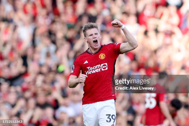 Scott McTominay of Manchester United celebrates after scoring their sides second goal during the Premier League match between Manchester United and...