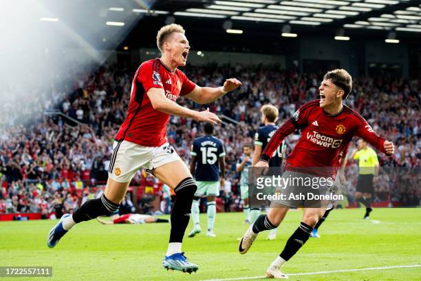 Scott McTominay of Manchester United celebrates after scoring their sides second goal during the Premier League match between Manchester United and...