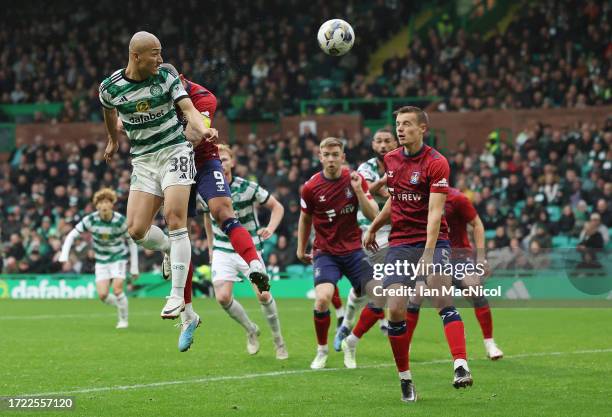 Daizen Maeda of Celtic heads at goal during the Cinch Scottish Premiership match between Celtic FC and Kilmarnock FC at Celtic Park Stadium on...