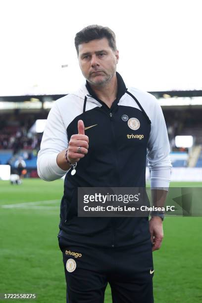 Mauricio Pochettino, Manager of Chelsea, reacts after the Premier League match between Burnley FC and Chelsea FC at Turf Moor on October 07, 2023 in...
