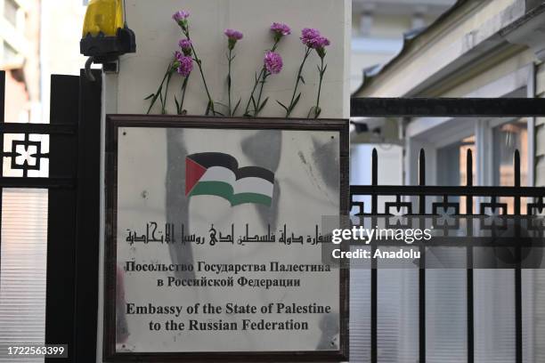 View of flowers left in front of the Palestinian Embassy for those who lost their lives due to Israeli attacks in the Palestinian territories in...