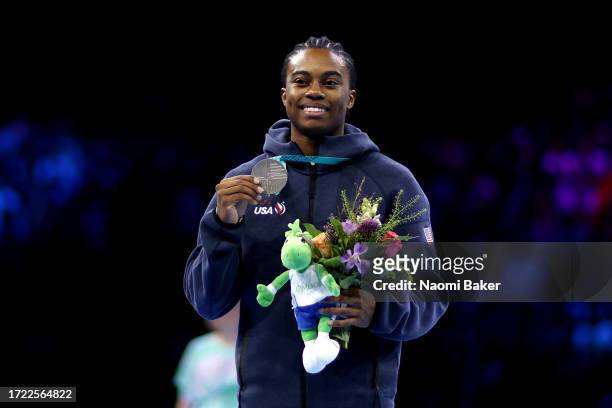 Silver medalist Khoi Young of Team United States poses for a photo during the medal ceremony for Men's Pommel Horse Final on Day Eight of the 2023...
