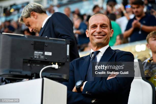 Massiliano Allegri Head Coach of Juventus FC reacts during the Serie A TIM match between Juventus and Torino FC at on October 7, 2023 in Turin, Italy.