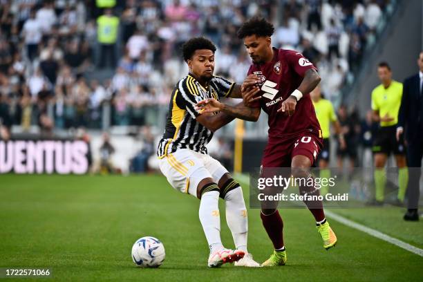 Weston McKennie of Juventus FC against Valentino Lazaro of Torino FC during the Serie A TIM match between Juventus and Torino FC at on October 7,...