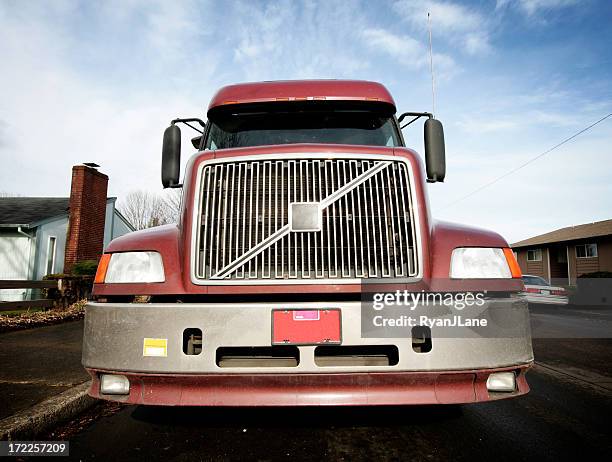 wide angle semi truck with copy space - vehicle grille stock pictures, royalty-free photos & images