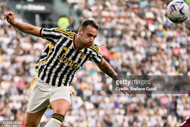 Federico Gatti of Juventus FC in action during the Serie A TIM match between Juventus and Torino FC at on October 7, 2023 in Turin, Italy.