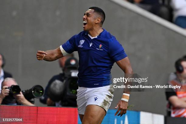 Nigel Ah-Wong celebrates after scoring a disallowed try during the Rugby World Cup France 2023 match between England and Samoa at Stade Pierre Mauroy...