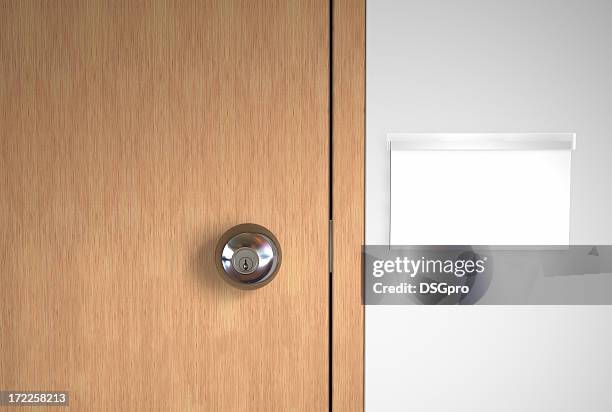 a blank name logo and a stainless door handle on wooden door - close door stock pictures, royalty-free photos & images