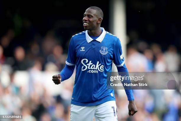 Abdoulaye Doucoure of Everton celebrates following the team's victory during the Premier League match between Everton FC and AFC Bournemouth at...