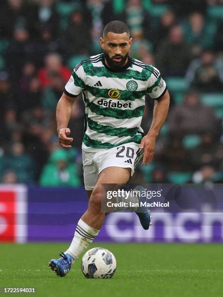 Cameron Carter-Vickers of Celtic controls the ball during the Cinch Scottish Premiership match between Celtic FC and Kilmarnock FC at Celtic Park...