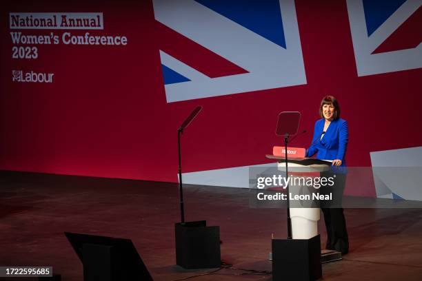 Shadow Chancellor Rachel Reeves addresses delegates at the National Annual Women's Conference on October 07, 2023 in Liverpool, England. This year's...