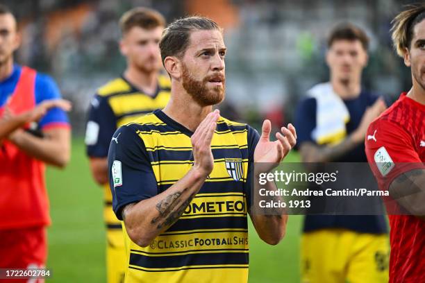 Cristian Ansaldi applauds the fans during Serie B match between Venezia and Parma Calcio at Stadio Pier Luigi Penzo on October 07, 2023 in Venice,...