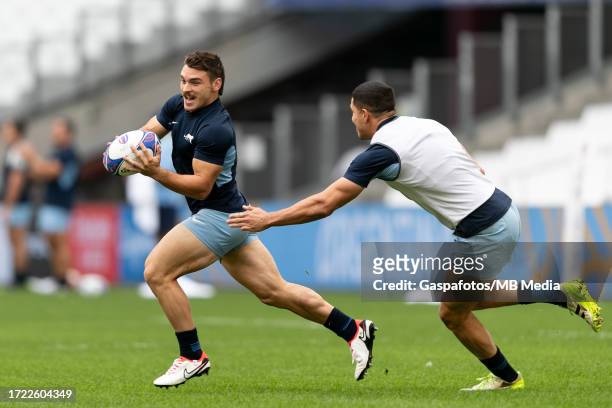Mateo Carreras of Argentina is challenged by Martin Bogado of Argentina during their team's captain's run ahead of their Rugby World Cup France 2023...
