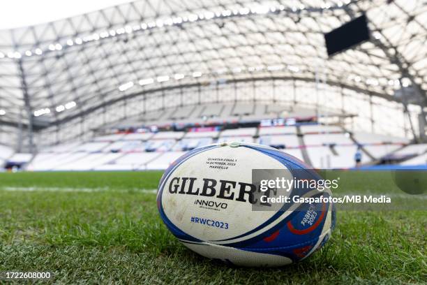 Detailed view of the match ball is seen during Argentina's captain's run ahead of their Rugby World Cup France 2023 match against Wales at Orange...