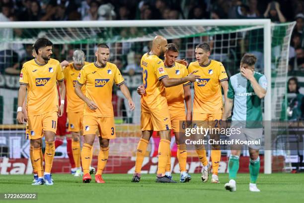 Grischa Proemel of TSG 1899 Hoffenheim celebrates with teammates after scoring the team's second goal during the Bundesliga match between SV Werder...