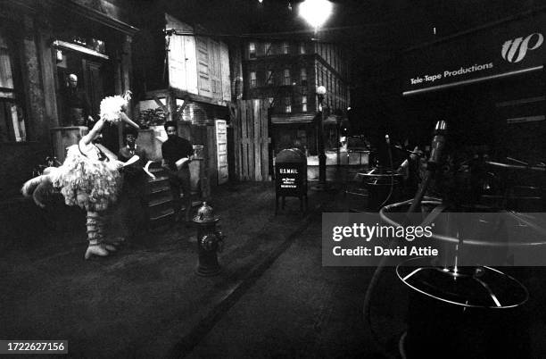 Puppeteer Caroll Spinney as 'Big Bird,' actress Loretta Long , and actor Matt Robinson during the taping of Sesame Street's very first season, taken...