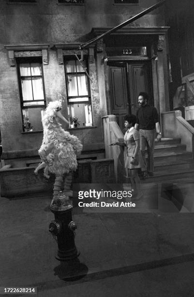 Puppeteer Caroll Spinney as 'Big Bird,' actress Loretta Long , and actor Matt Robinson during the taping of Sesame Street's very first season, taken...