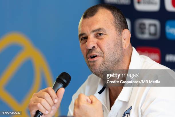 Michael Cheika head coach of Argentina talks to the media during the Argentina team announcement ahead of their Rugby World Cup France 2023 match...