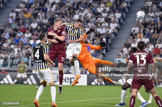 Arkadiusz Krystian Milik of Juventus scores his team's second goal during the Serie A TIM match between Juventus and Torino FC at Allianz Stadium on...