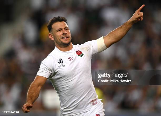 Danny Care of England celebrates scoring his team's second try during the Rugby World Cup France 2023 match between England and Samoa at Stade Pierre...