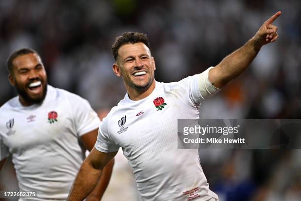 Danny Care of England celebrates scoring his team's second try during the Rugby World Cup France 2023 match between England and Samoa at Stade Pierre...
