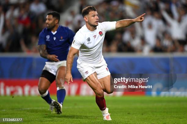 Danny Care of England celebrates scoring his team's second try during the Rugby World Cup France 2023 match between England and Samoa at Stade Pierre...