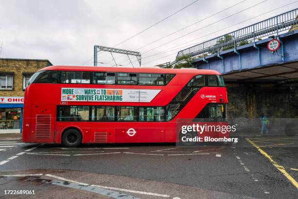 Double-decker passenger bus, operated by Arriva, in London, UK, on Friday, Oct. 13, 2023. I Squared Capital is nearing a deal to buy Deutsche Bahn...