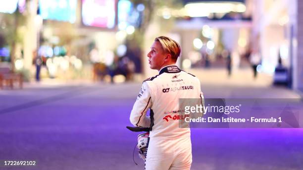 Liam Lawson of New Zealand and Scuderia AlphaTauri walks in the Paddock after retiring from the race during the Sprint ahead of the F1 Grand Prix of...