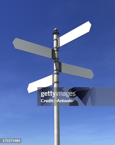 A pole with 4 blank street signs pointing at 4 directions A pole with 4 blank street signs pointing at 4 directions