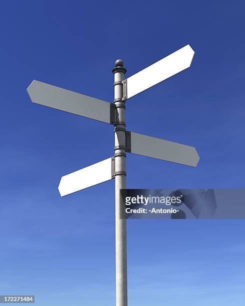 a pole with 4 blank street signs pointing at 4 directions - road sign stock pictures, royalty-free photos & images