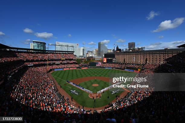 General view before the first inning of Game One of the American League Division Series between the Texas Rangers and the Baltimore Orioles at Oriole...