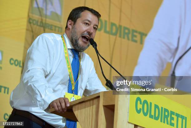 The Vice Premier and Minister of Transport Matteo Salvini speaking during the inauguration of the Coldiretti Village at the Circus Maximus and stops...