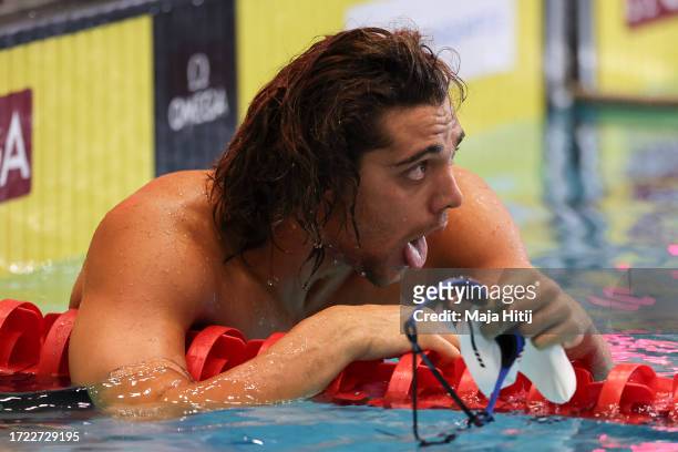 Thomas Ceccon of Italy reacts after winning Men's 100m Freestyle Final during the World Aquatics Swimming World Cup 2023 - Meet 1 on October 07, 2023...
