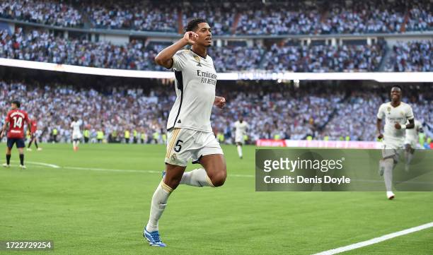 Jude Bellingham of Real Madrid celebrates after scoring their team's first goal during the LaLiga EA Sports match between Real Madrid CF and CA...