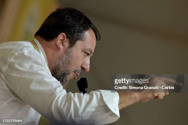 The Vice Premier and Minister of Transport Matteo Salvini speaking during the inauguration of the Coldiretti Village at the Circus Maximus and stops...
