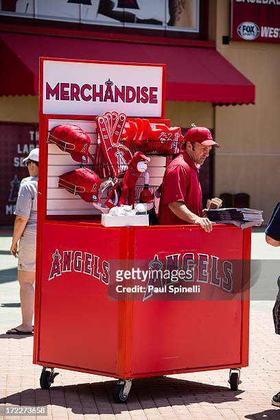 Vendor sells memorabilia before the Los Angeles Angels of Anaheim game against the New York Yankees on Sunday, June 16, 2013 at Angel Stadium in...