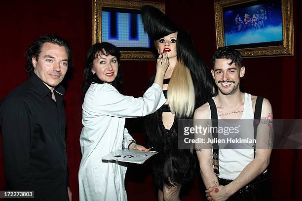 Sculptor Jean-Baptiste Seckler, a makeup artist of the Grevin Museum and hairdresser Charlie Le Mindu are pictured with the Lady Gaga Waxwork At...