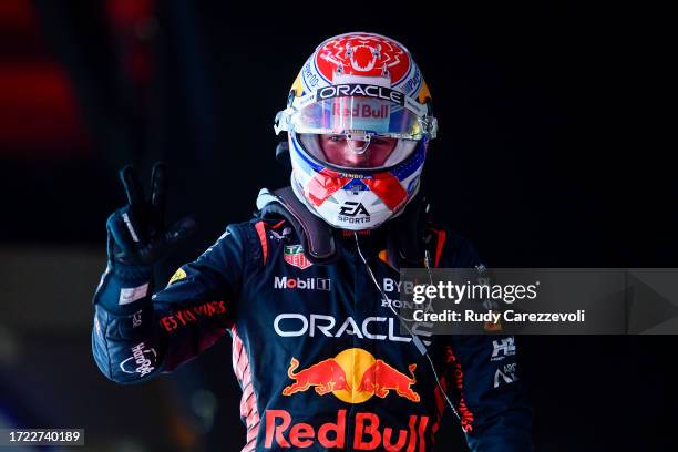 World Drivers Champion Max Verstappen of the Netherlands and Oracle Red Bull Racing celebrates in parc ferme after the Sprint ahead of the F1 Grand...