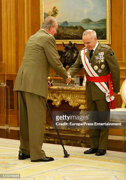 King Juan Carlos of Spain attends several military audiences at Zarzuela Palace on July 2, 2013 in Madrid, Spain. For the first time in months, the...